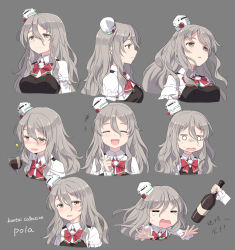 Rule 34 | +++, 10s, 2girls, :d, = =, ^ ^, alcohol, bad id, bad pixiv id, blush, bottle, bow, bowtie, breasts, brown eyes, brown hair, character name, closed eyes, closed mouth, cnm, commentary request, copyright name, crying, cup, drinking glass, drunk, expressions, facing viewer, flower, grey background, hair between eyes, hat, hat flower, index finger raised, jitome, kantai collection, laughing, long hair, medium breasts, mini hat, multiple girls, multiple views, nose blush, o o, open mouth, outstretched arms, pola (kancolle), profile, red bow, red bowtie, simple background, smile, sweat, tareme, tears, translation request, upper body, wavy hair, wavy mouth, white hat, wine, wine bottle, wine glass, wing collar, zara (kancolle)
