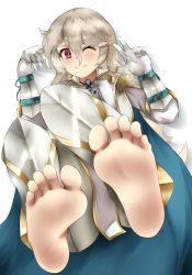 Rule 34 | 1girl, absurdres, armor, artist request, barefoot, blush, cape, corrin (female) (fire emblem), corrin (fire emblem), ethan(33327245), feet, fire, fire emblem, fire emblem fates, fire emblem if, foot focus, grey hair, highres, long hair, looking at viewer, nintendo, official alternate costume, one eye closed, red eyes, simple background, smile, soles, solo, toes, v, white armor