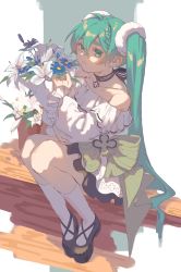Rule 34 | 1girl, :|, ahoge, aqua eyes, aqua hair, bare shoulders, black footwear, bouquet, bow, braid, closed mouth, collarbone, commentary, dated, detached collar, dress, eyelashes, flower, frilled dress, frills, green bow, hair between eyes, hands up, hatsune miku, highres, holding, holding bouquet, kneehighs, knees up, long hair, looking at viewer, mary janes, off shoulder, shoes, sitting, socks, solo, striped, thick eyebrows, twintails, vocaloid, waist bow, white dress, white socks