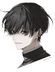 Rule 34 | 1boy, black eyes, black hair, black shirt, blank eyes, chainsaw man, dal li 0130, earrings, hair between eyes, highres, jewelry, looking at viewer, male focus, mole, mole under mouth, parted lips, portrait, shirt, short hair, simple background, smile, solo, twitter username, white background, yoshida hirofumi
