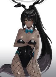 Rule 34 | 1girl, animal ears, aqua bow, aqua bowtie, bare shoulders, black hair, black leotard, blue archive, bow, bowtie, breast hold, breasts, cleavage, closed mouth, dark-skinned female, dark skin, detached collar, earrings, expressionless, fake animal ears, fishnets, gradient background, hair between eyes, halo, hand on thigh, highleg, highleg leotard, highres, jewelry, karin (blue archive), karin (bunny) (blue archive), large breasts, leotard, long hair, looking to the side, official alternate costume, pantyhose, playboy bunny, ponytail, ribbon, shiny clothes, shiny skin, simple background, sleeveless, solo, strapless, strapless leotard, the olphy, thighs, traditional bowtie, very long hair, yellow eyes
