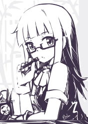 Rule 34 | 10s, 1girl, bespectacled, blunt bangs, glasses, gloves, hatsukaze (kancolle), highres, kantai collection, long hair, looking at viewer, mmrailgun, monochrome, pen, school uniform, solo