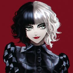 Rule 34 | 1girl, absurdres, bad id, bad pixiv id, black dress, black hair, buttons, closed mouth, cruella (film), cruella de vil, dress, goth fashion, green eyes, highres, jewelry, kyonamu, lips, looking to the side, multicolored hair, red background, short hair, smile, solo, split-color hair, two-tone hair, white hair