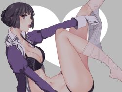Rule 34 | 10s, 1girl, bad id, black bra, black hair, black panties, bra, breasts, brown eyes, cleavage, clothes pull, crotch seam, female focus, gloves, hair bun, heart, heart background, kantai collection, lace, lace-trimmed bra, lace-trimmed panties, lace trim, large breasts, meron, myoukou (kancolle), open clothes, open mouth, open shirt, panties, pantyhose, pantyhose pull, shirt, short hair, simple background, single hair bun, solo, strap gap, tareme, underwear, undressing, white gloves, white pantyhose