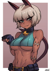 Rule 34 | 1girl, animal ears, arm behind back, belt pouch, blue eyes, blue gloves, blunt bangs, bob cut, border, breasts, brown background, cat ears, closed mouth, collar, cropped shirt, fang, fingerless gloves, gloves, grey hair, looking at viewer, medium breasts, metal collar, ms. fortune (skullgirls), navel, paw pose, pouch, short hair, simple background, skin fang, skullgirls, slit pupils, smile, solo, toned, underboob, white border, zakusi