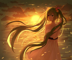 Rule 34 | 1girl, breasts, dress, floating hair, flower, hair flower, hair ornament, ruffling hair, hatsune miku, highres, lan jue, long hair, small breasts, solo, sunset, twintails, very long hair, vocaloid, water