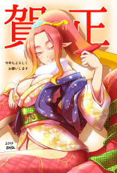 Rule 34 | 10s, 1girl, 2013, alcohol, bottomless, breasts, cleavage, earrings, fur, gradient hair, grin, hair ornament, japanese clothes, jewelry, kimono, kotoyoro, lamia, long hair, monster girl, multicolored hair, new year, original, pointy ears, ponytail, red hair, sakazuki, sake, scales, smile, snake, solo, sumeshi, yellow eyes
