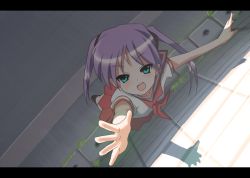 Rule 34 | 00s, 1girl, :d, against wall, arms up, blush, esuhara, hiiragi kagami, letterboxed, looking at viewer, lucky star, open mouth, outdoors, outstretched arms, red skirt, road, sailor collar, school uniform, serafuku, skirt, smile, solo, standing, street