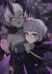 Rule 34 | 2girls, absurdres, bare shoulders, black dress, blue eyes, breasts, choker, cleavage, coat, collarbone, colored skin, crooked eyewear, cropped jacket, detached sleeves, dress, fate/grand order, fate (series), glasses, glowing, glowing hand, grey hair, grey skin, highres, holding hands, horns, jacques de molay (foreigner) (fate), jacques de molay (foreigner) (second ascension) (fate), jacques de molay (foreigner) (third ascension) (fate), large breasts, looking at viewer, multiple girls, open mouth, padded coat, short hair, skeletal arm, smile, yellow eyes, zousuidaisuki1