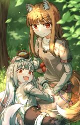 Rule 34 | 2girls, absurdres, animal ears, apple, blush, brown hair, cup, dress, fang, food, fruit, grey dress, headpat, highres, holo, lap pillow, long dress, long hair, long sleeves, looking at viewer, lying on person, mother and daughter, mug, multiple girls, myuri (spice and wolf), outdoors, red eyes, skin fang, spice and wolf, ssalyun, tail, white hair, wolf ears, wolf girl, wolf tail
