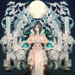 Rule 34 | 1girl, absurdres, aqua eyes, black hair, black thighhighs, breasts, cleavage, clenched hand, covered navel, gloves, groin, hair ornament, highres, long hair, looking at viewer, mid-autumn festival, original, parted lips, rabbit, robot, solo, standing, thighhighs, wei (kaminari0411), white gloves
