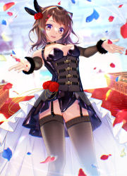 Rule 34 | 1girl, :d, bang dream!, bare shoulders, black choker, black leotard, black thighhighs, blurry, blurry background, breasts, brown hair, chain, choker, commentary request, detached sleeves, dress flower, feet out of frame, flower, frilled cape, from below, fur-trimmed sleeves, fur trim, garter straps, groin, hair ornament, halterneck, highleg, highleg leotard, highres, lace, lace-trimmed legwear, lace trim, leotard, looking at viewer, medium breasts, medium hair, nail polish, open mouth, outstretched arms, petals, purple eyes, red flower, red nails, red rose, rose, smile, solo, spread arms, stairs, standing, star (symbol), star hair ornament, thighhighs, toyama kasumi, tsurugi hikaru, waist cape