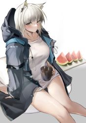 Rule 34 | 1girl, animal ears, arknights, black jacket, blush, breasts, cat ears, cat girl, chair, cum, cumdrip, cup, feet up, female focus, food, fruit, green eyes, green hair, highres, holding, holding cup, hood, hood down, hooded jacket, invisible chair, jacket, kal&#039;tsit (arknights), looking at viewer, medium breasts, mug, open clothes, open jacket, shirt, short hair, short sleeves, sitting, solo, t-shirt, tabayashi, thighs, watermelon, watermelon slice, white shirt