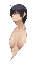 Rule 34 | 1girl, absurdres, ahoge, black hair, breasts, closed mouth, collarbone, ghostdoctor, glaring, grey background, highres, medium breasts, original, red eyes, shaded face, short hair, simple background, solo, upper body