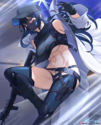 Rule 34 | 1girl, alternate costume, bare shoulders, black panties, black shirt, black thighhighs, blue archive, blue eyes, breasts, coat, gloves, gun, halo, hat, highres, jacket, knife sheath, large breasts, long hair, looking at viewer, mask, midriff, mouth mask, navel, off shoulder, open clothes, open jacket, panties, saori (blue archive), sheath, shirt, solo, thighhighs, thighs, underboob, underwear, vilde loh hocen, weapon, white coat