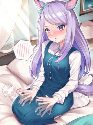 Rule 34 | 1girl, absurdres, afterimage, animal ears, blue dress, blush, bow, breasts, commentary request, dress, ear ribbon, green ribbon, highres, horse ears, horse girl, horse tail, indoors, lap pillow invitation, libratul, long sleeves, looking at viewer, mejiro mcqueen (umamusume), nose blush, on bed, parted lips, patting lap, pillow, pleated dress, purple eyes, purple hair, ribbon, seiza, shirt, sitting, sleeveless, sleeveless dress, small breasts, solo, spoken blush, swept bangs, tail, umamusume, white shirt