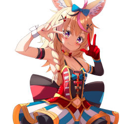 Rule 34 | 1girl, ame., animal ear fluff, animal ears, arm up, bare shoulders, black choker, black hair, black sleeves, blonde hair, blue bow, blush, bow, braid, breasts, choker, cleavage, clothing cutout, club hair ornament, commentary, detached sleeves, diamond (shape), diamond hair ornament, facial mark, fox ears, gloves, hair between eyes, hair bow, hair ornament, halterneck, hand up, heart, heart hair ornament, highres, hololive, long hair, long sleeves, looking at viewer, multicolored hair, navel, navel cutout, omaru polka, omaru polka (1st costume), parted lips, pink hair, purple eyes, red gloves, simple background, single detached sleeve, single glove, small breasts, smile, solo, spade (shape), spade hair ornament, star (symbol), streaked hair, virtual youtuber, white background, wrist cuffs, x hair ornament