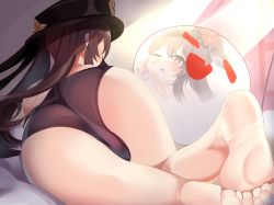 Rule 34 | 1girl, ass, ass focus, bare shoulders, barefoot, bed, blush, brown eyes, brown hair, cameltoe, feet, from behind, genshin impact, ghost, hat, hu tao (genshin impact), long hair, lying, nagomidera, on stomach, panties, reflection, shiny skin, soles, solo, toes, twintails, underwear, very long hair