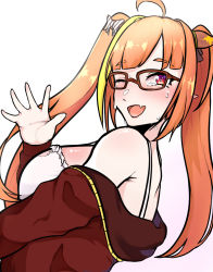 Rule 34 | 1girl, ahoge, bow, braid, diagonal-striped bow, dragon girl, from side, glasses, highres, hololive, horn bow, horn ornament, horns, jacket, kiryu coco, long hair, multicolored hair, off shoulder, official alternate costume, one eye closed, orange hair, sieroo, simple background, streaked hair, striped, striped bow, tears, twin braids, virtual youtuber, waving, white background
