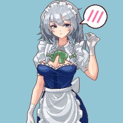 Rule 34 | 1girl, apron, blue background, braid, breasts, chinese commentary, cleavage, closed mouth, commentary request, eaglov, gloves, grey eyes, grey hair, highres, izayoi sakuya, looking at viewer, maid, maid headdress, medium breasts, short sleeves, side braids, simple background, solo, spoken blush, touhou, twin braids, waist apron, white apron, white gloves
