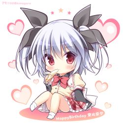 Rule 34 | 1girl, bad id, bad pixiv id, banana, beige jacket, black ribbon, black shirt, blush, bow, bowtie, character name, chibi, closed mouth, collared shirt, commentary request, food, frilled skirt, frills, fruit, full body, gaku ou, hair between eyes, hair ribbon, happy birthday, heart, holding, holding food, holding fruit, knees up, layered sleeves, long hair, long sleeves, mayuzumi hinayu, no shoes, plaid, plaid skirt, pleated skirt, puffy short sleeves, puffy sleeves, red bow, red bowtie, red eyes, red skirt, ribbon, ryuuka sane, shirt, short over long sleeves, short sleeves, silver hair, sitting, skirt, sleeves past wrists, socks, solo, star (symbol), twitter username, two side up, white background, white socks, wide sleeves