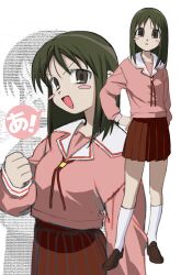 Rule 34 | !, &gt;:), 1girl, :d, a (phrase), ascii art, azumanga daioh&#039;s school uniform, azumanga daiou, blush stickers, brown eyes, brown footwear, brown hair, brown skirt, clenched hand, full body, hand on own hip, hand up, highres, iniooooo, kasuga ayumu, kneehighs, long sleeves, looking at viewer, medium hair, multiple views, neck ribbon, open mouth, pink shirt, pleated skirt, red ribbon, ribbon, sailor collar, school uniform, shirt, shoes, simple background, sketch, skirt, smile, socks, speech bubble, upper body, v-shaped eyebrows, white background, white socks