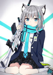 Rule 34 | 1girl, absurdres, animal ears, assault rifle, blue archive, blue eyes, blue jacket, blue scarf, blue skirt, cat ears, closed mouth, gloves, green gloves, grey hair, gun, highres, holding, holding gun, holding weapon, id card, jacket, long sleeves, looking at viewer, medium hair, rifle, ryucchi, scarf, school uniform, shiroko (blue archive), shoes, sig sauer 556, skirt, sneakers, socks, solo, weapon, white background, white footwear, white socks