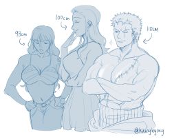 Rule 34 | 1boy, 2girls, bikini, bikini top only, breast envy, breasts, comparison, crossed arms, denim, dress, hair slicked back, highres, huanghying, jeans, large breasts, measurements, monochrome, multiple girls, nami (one piece), nico robin, one piece, pants, pectorals, roronoa zoro, scar, scar across eye, scar on face, swimsuit