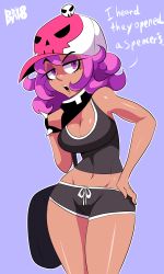 Rule 34 | 1girl, absurdres, bigdead, breasts, cleavage, creatures (company), dark-skinned female, dark skin, english text, female focus, game freak, groin, half-closed eyes, hand on own hip, hat, highres, large breasts, looking at viewer, midriff, navel, nintendo, pink eyes, pink hair, pokemon, pokemon sm, short shorts, shorts, solo, tank top, team skull, team skull grunt, text focus