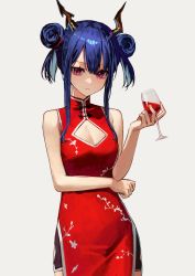 Rule 34 | 1girl, absurdres, arknights, arm under breasts, black shorts, blue hair, breasts, ch&#039;en (ageless afterglow) (arknights), ch&#039;en (arknights), china dress, chinese clothes, cleavage, cleavage cutout, clothing cutout, cowboy shot, cup, double bun, dragon horns, dress, drinking glass, grey background, hair bun, hand up, highres, holding, holding cup, horns, long hair, medium breasts, no tail, official alternate costume, pink eyes, short shorts, shorts, sidelocks, simple background, sleeveless, sleeveless dress, solo, wine glass, yoon cook