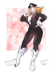 Rule 34 | 1girl, 2023, black bodysuit, blonde hair, blush, bodysuit, boku no hero academia, breasts, brown eyes, cameltoe, cleavage, collar, collarbone, curvy, dated, eyelashes, full body, hat, highres, huge breasts, lips, long hair, looking at viewer, mich kj, no bra, open bodysuit, open clothes, open mouth, peaked cap, skin tight, smile, solo, thick thighs, thigh gap, thighs, utsushimi kemii, wide hips, wrist cuffs