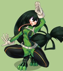 Rule 34 | 10s, 1girl, arm up, asui tsuyu, average-hanzo, belt, black eyes, black hair, blush, bodysuit, boku no hero academia, boots, breasts, cameltoe, covered erect nipples, covered navel, eyelashes, frog girl, full body, gloves, goggles, goggles on head, green background, hair between eyes, hair rings, long hair, long tongue, looking to the side, low-tied long hair, monster girl, open mouth, simple background, skin tight, solo, split-toe footwear, squatting, thigh boots, thighhighs, tongue, tongue out