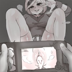 Rule 34 | 1girl, absurdres, after vaginal, aftersex, cum, cum in pussy, cumdrip, eyeshadow, grey background, greyscale, heart, heart-shaped pupils, highres, hyrule warriors, hyrule warriors: age of calamity, looking at viewer, m/, m legs, makeup, monochrome, multicolored hair, nintendo, open mouth, pov, pov hands, purah, pussy, recording, saliva, sheikah, sheikah slate, short hair, simple background, smile, solo focus, spread legs, streaked hair, sweat, symbol-shaped pupils, tearing up, teeth, the legend of zelda, the legend of zelda: breath of the wild, thighhighs, tongue, tongue out, uncensored, upper teeth only, yotamono