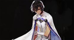Rule 34 | 1boy, arjuna (fate), black background, blood, blood on face, brown eyes, brown hair, cape, dark skin, dark-skinned male, fate/grand order, fate (series), gloves, hair between eyes, looking at viewer, male focus, mo (mocopo), shirt, solo, upper body, white cape, white gloves, white shirt