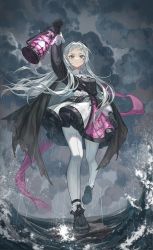 Rule 34 | 1girl, absurdres, ankle boots, arknights, black cape, black footwear, black gloves, black jacket, boots, cape, changjiangwei13, closed mouth, cloud, cloudy sky, earrings, expressionless, fire, front-seamed legwear, full body, gloves, grey eyes, grey hair, head wings, high-waist skirt, highres, holding, holding lantern, holding sword, holding weapon, irene (arknights), jacket, jewelry, lantern, layered skirt, long hair, long sleeves, looking at viewer, ocean, outdoors, pantyhose, pink fire, puffy long sleeves, puffy sleeves, purple eyes, purple skirt, railing, rain, rapier, scar, scar across eye, scar on face, seamed legwear, sheath, sheathed, skirt, sky, solo, standing, sword, very long hair, walking, water, weapon, white pantyhose, white skirt, wings