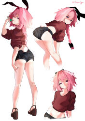 Rule 34 | 1boy, absurdres, ass, astolfo (fate), bent over, black bow, bow, braid, rabbit tail, candy, chocpocalypse, crossdressing, fang, fate/apocrypha, fate (series), food, hair intakes, high heels, highres, hotpants, licking, lollipop, long braid, looking at viewer, male focus, midriff, multicolored hair, over shoulder, pink hair, purple eyes, sandals, short shorts, short sleeves, shorts, single braid, skin fang, smile, solo, streaked hair, tail, tongue, tongue out, trap, twitter username
