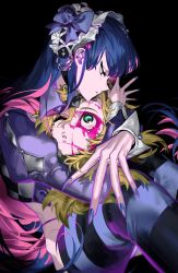 Rule 34 | 2pineapplepizza, black hair, blonde hair, blood, blue bow, blue eyes, blunt bangs, body horror, bow, colored blood, colored inner hair, ear piercing, eye socket, frilled hairband, frills, guro, hair bow, hairband, highres, hug, long hair, looking at another, multicolored hair, multiple girls, nail polish, panty &amp; stocking with garterbelt, panty (psg), piercing, pink blood, pink hair, purple nails, siblings, sisters, stocking (psg), streaked hair, striped clothes, striped thighhighs, thighhighs, two-tone hair