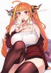 Rule 34 | 1girl, absurdres, ahoge, bare shoulders, blonde hair, blunt bangs, bow, breasts, camisole, cleavage, closed mouth, collarbone, diagonal-striped bow, dragon girl, dragon horns, dragon tail, fingernails, hand up, highres, holding, hololive, horn bow, horn ornament, horns, huge breasts, jacket, jewelry, kiryu coco, kiryu coco (loungewear), knee up, long hair, long sleeves, moisture (chichi), multicolored hair, off shoulder, official alternate costume, orange hair, pendant, red eyes, simple background, sitting, smile, solo, streaked hair, striped, striped bow, tail, thighhighs, track jacket, twintails, two-tone hair, very long hair, virtual youtuber, white background