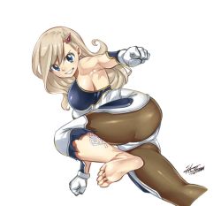 Rule 34 | 1girl, bare shoulders, barefoot, blonde hair, blue eyes, bodysuit, breasts, determined, eden&#039;s zero, feet, foot focus, gloves, hair ornament, large breasts, leg tattoo, leg up, mashima hiro, official art, open bodysuit, open clothes, parted lips, rebecca bluegarden, sideboob, signature, soles, solo, tattoo, thick thighs, thighs, torn bodysuit, torn clothes, white gloves