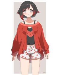 Rule 34 | 1girl, ar jart, artist name, black hair, blunt bangs, blush, border, breasts, cardigan, closed mouth, collarbone, gradient hair, grey eyes, hair between eyes, heart, heart print, looking at viewer, multicolored hair, open cardigan, open clothes, red cardigan, red hair, ruby rose, rwby, short hair, short shorts, shorts, simple background, small breasts, smile, solo, tank top