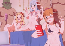 Rule 34 | 10s, 3boys, 3girls, age difference, ass, bar censor, bedroom, bent over, bikini, black bikini, breasts, censored, computer, dildo, erection, eromanga sensei, group sex, highres, izumi sagiri, jinno megumi, koke tomato (ichitoitu), laptop, looking at viewer, mask, multiple boys, multiple girls, navel, nipples, nude, on bed, one breast out, penis, penis on face, phone, pussy, pussy juice stain, sex, sex toy, small breasts, swimsuit, taking picture, v, yamada elf