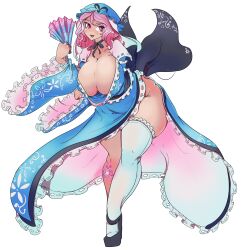 Rule 34 | 1girl, :d, black footwear, blue hat, breasts, cherry blossom print, cleavage, curvy, floral print, full body, greenm, hat, highres, huge breasts, looking at viewer, mob cap, open mouth, pink eyes, pink hair, saigyouji yuyuko, short hair, simple background, single thighhigh, smile, solo, tattoo, thighhighs, touhou, variant set, white background, white thighhighs