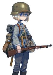 Rule 34 | 1girl, ammunition pouch, backpack, bag, bedroll, belt, black footwear, blonde hair, blue eyes, bolt action, boots, breast pocket, brown belt, buttons, canteen, combat helmet, commentary, commission, dagger, entrenching tool, erica (naze1940), explosive, finnish army, glasses, grenade, gun, helmet, highres, holding, holding gun, holding weapon, jacket, knife, load bearing equipment, long sleeves, looking at viewer, medium hair, mess kit, messenger bag, military, military uniform, mosin-nagant, original, pants, pocket, pouch, rifle, round eyewear, shirt, shoulder bag, simple background, soldier, solo, stahlhelm, standing, stielhandgranate, uniform, upper body, weapon, white background, white shirt, world war ii