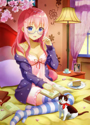 Rule 34 | 1girl, :d, absurdres, animal, bad id, bad pixiv id, bare shoulders, bed, black eyes, blue-framed eyewear, blue eyes, blue thighhighs, blush, book, book on lap, branch, breasts, cake, cat, cherry blossoms, cleavage, collarbone, cup, curtains, dress, eroge- (artist), floral print, food, fork, fruit, glasses, hair between eyes, hand up, highres, holding, holding food, holding fruit, indoors, jacket, kerchief, lamp, long hair, long sleeves, looking at viewer, nail polish, nightstand, no shoes, on bed, open book, open clothes, open jacket, open mouth, original, petals, photo (object), pillow, pink dress, pink hair, pink nails, plate, polka dot, purple jacket, red kerchief, red ribbon, ribbon, semi-rimless eyewear, short dress, short hair, sidelocks, sitting, sleeveless, sleeveless dress, small breasts, smile, spaghetti strap, strawberry, striped clothes, striped thighhighs, teacup, thighhighs, white thighhighs, window, yokozuwari