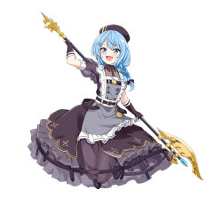 Rule 34 | :d, absurdres, axe, bardiche (weapon), black gloves, black hat, black pantyhose, blue eyes, blue hair, blush, braid, buttons, crinoline, double-breasted, earrings, felutiahime, flat chest, frilled gloves, frills, full body, gloves, hair ornament, hairclip, hat, highres, holding, holding weapon, hololive, hoshimachi suisei, hoshimachi suisei (maid), jewelry, jumping, long hair, nurse cap, official alternate costume, open mouth, pantyhose, polearm, see-through, see-through sleeves, simple background, single braid, smile, star (symbol), star in eye, symbol in eye, v-shaped eyebrows, virtual youtuber, weapon, white background