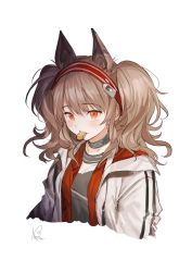 Rule 34 | 1girl, almic, angelina (arknights), animal ears, arknights, blush, choker, coat, eyes visible through hair, fox ears, hair between eyes, hairband, highres, infection monitor (arknights), jacket, long hair, red coat, red hairband, simple background, solo, striped clothes, striped hairband, twintails, white background, white coat, white jacket