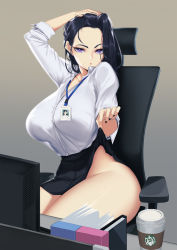 Rule 34 | 1girl, arm up, bare legs, black hair, black nails, black skirt, blueorca, breasts, chair, clothes lift, collared shirt, cup, desk, eyelashes, grey background, hand on own head, highres, huge breasts, lanyard, lifting own clothes, looking at viewer, mole, mole under eye, monitor, nail polish, no panties, office chair, office lady, original, purple eyes, shirt, shirt tucked in, simple background, sitting, skirt, skirt lift, solo, swivel chair, thighs, underwear, white shirt