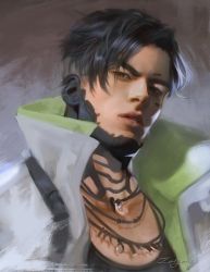 Rule 34 | 1boy, apex legends, artist name, black hair, black shirt, brown eyes, collarbone, crypto (apex legends), green jacket, grey jacket, jacket, jewelry, looking at viewer, male focus, multicolored clothes, multicolored jacket, necklace, open clothes, open jacket, parted lips, shirt, short hair, simple background, solo, two-tone jacket, upper body, zeilyanart