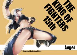 Rule 34 | 00s, 1girl, 2009, angel (kof), anniversary, armpits, boots, breasts, chaps, clenched hands, cowboy boots, cropped jacket, fingerless gloves, gloves, jacket, jumping, micro shorts, midriff, navel, open clothes, open jacket, short hair, short shorts, shorts, silver hair, solo, spread legs, strapless, the king of fighters, tube top, wuduo