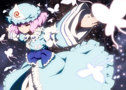 Rule 34 | 1girl, anime coloring, bad id, bad pixiv id, bow, bug, butterfly, dress, female focus, ghost, hat, bug, japanese clothes, open mouth, outstretched arms, pink hair, red eyes, ribbon, saigyouji yuyuko, short hair, solo, spread arms, takahata yuki, touhou, triangular headpiece